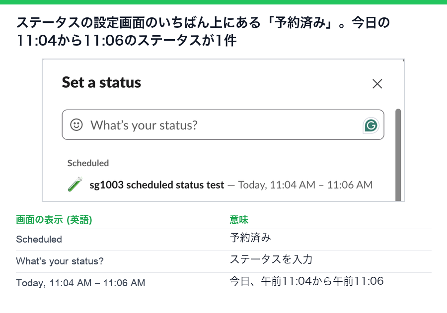 ステータスの設定画面の上にある予約済みの欄。今日の午前11:04から11:06のステータスが1件