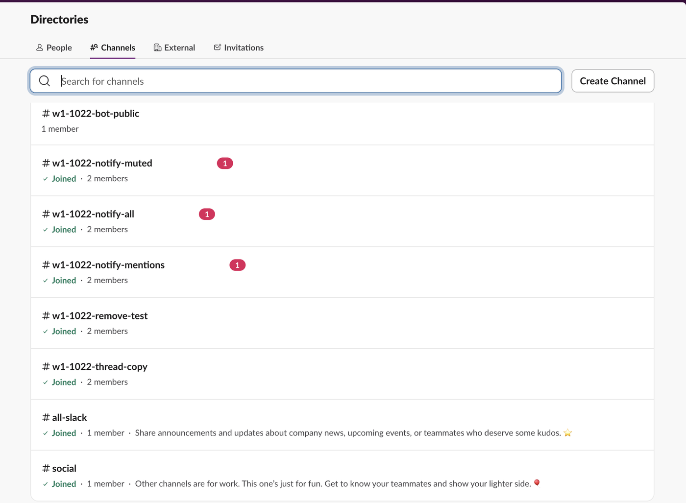 Slack Directories, Channels tab. w1-1022-bot-public shows 1 member and no Joined label. The other channels, from w1-1022-notify-muted to social, each show Joined and a member count