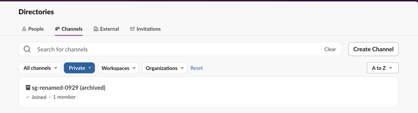 Slack Directories with the Private filter on. One result: sg-renamed-0929 (archived), Joined, 1 member
