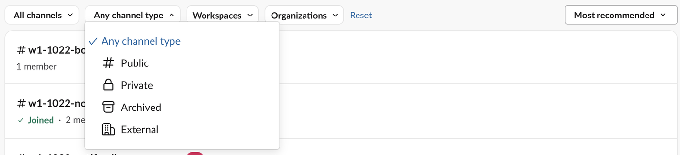 The Any channel type filter open in Slack Directories, with Any channel type ticked and the options Public, Private, Archived and External