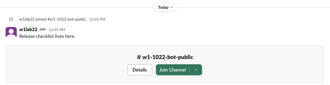 A Slack channel opened from the directory without joining. The bot's message is visible, and at the bottom are the buttons Details and Join Channel