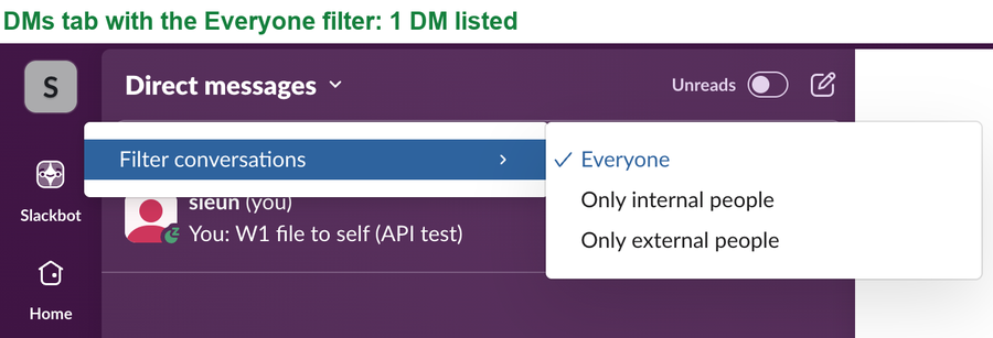The Slack DMs tab with the Direct messages menu open. Filter conversations offers Everyone, which is ticked, Only internal people and Only external people. One DM is listed