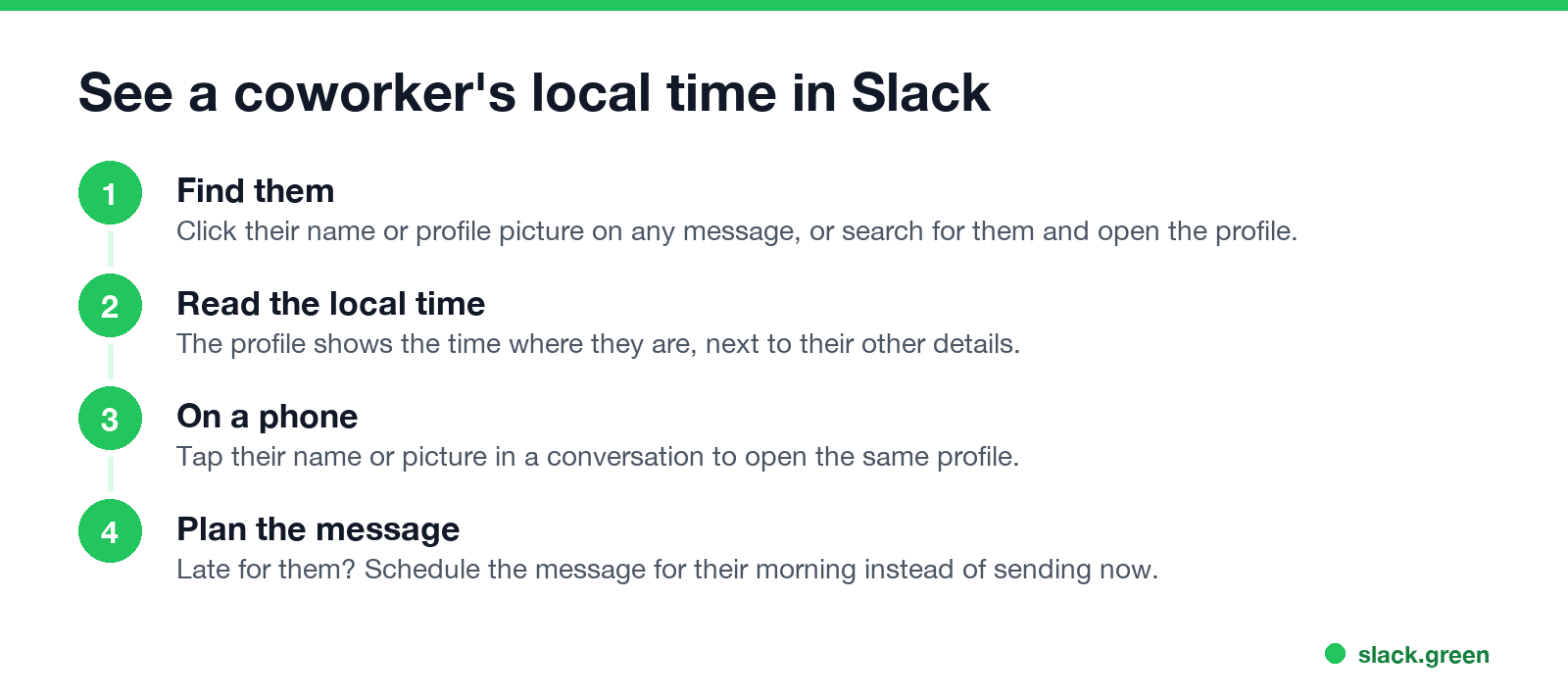 See a coworker's local time in Slack: find them, read the local time, on a phone, plan the message