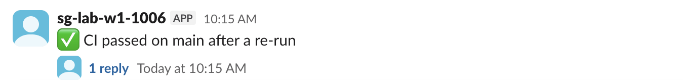 A Slack message posted by slack-github-action v4.0.0, then edited with chat.update to read CI passed on main after a re-run, with one thread reply