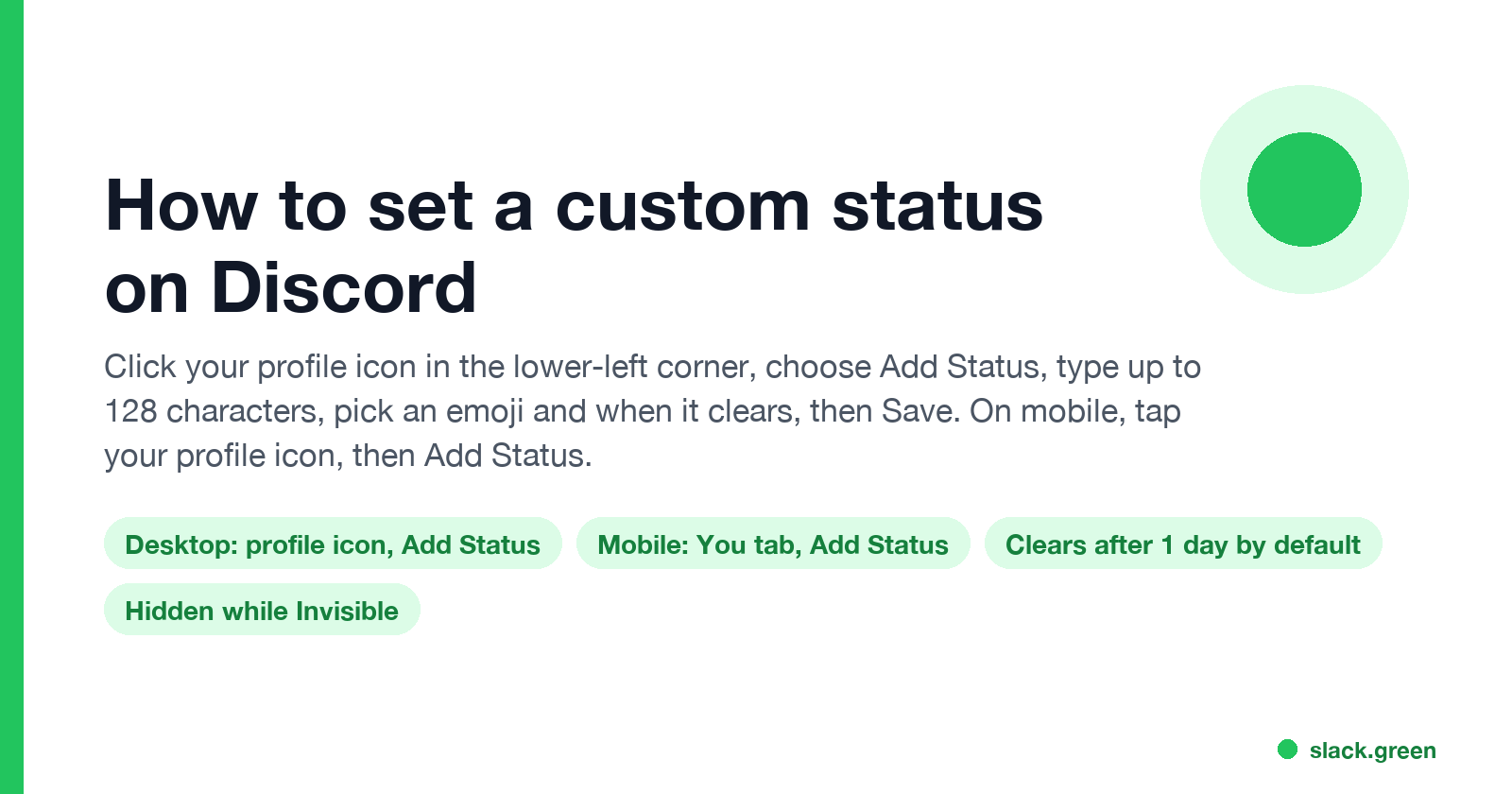 How to set a custom status on Discord: profile icon, Add Status, up to 128 characters, clears after 1 day by default
