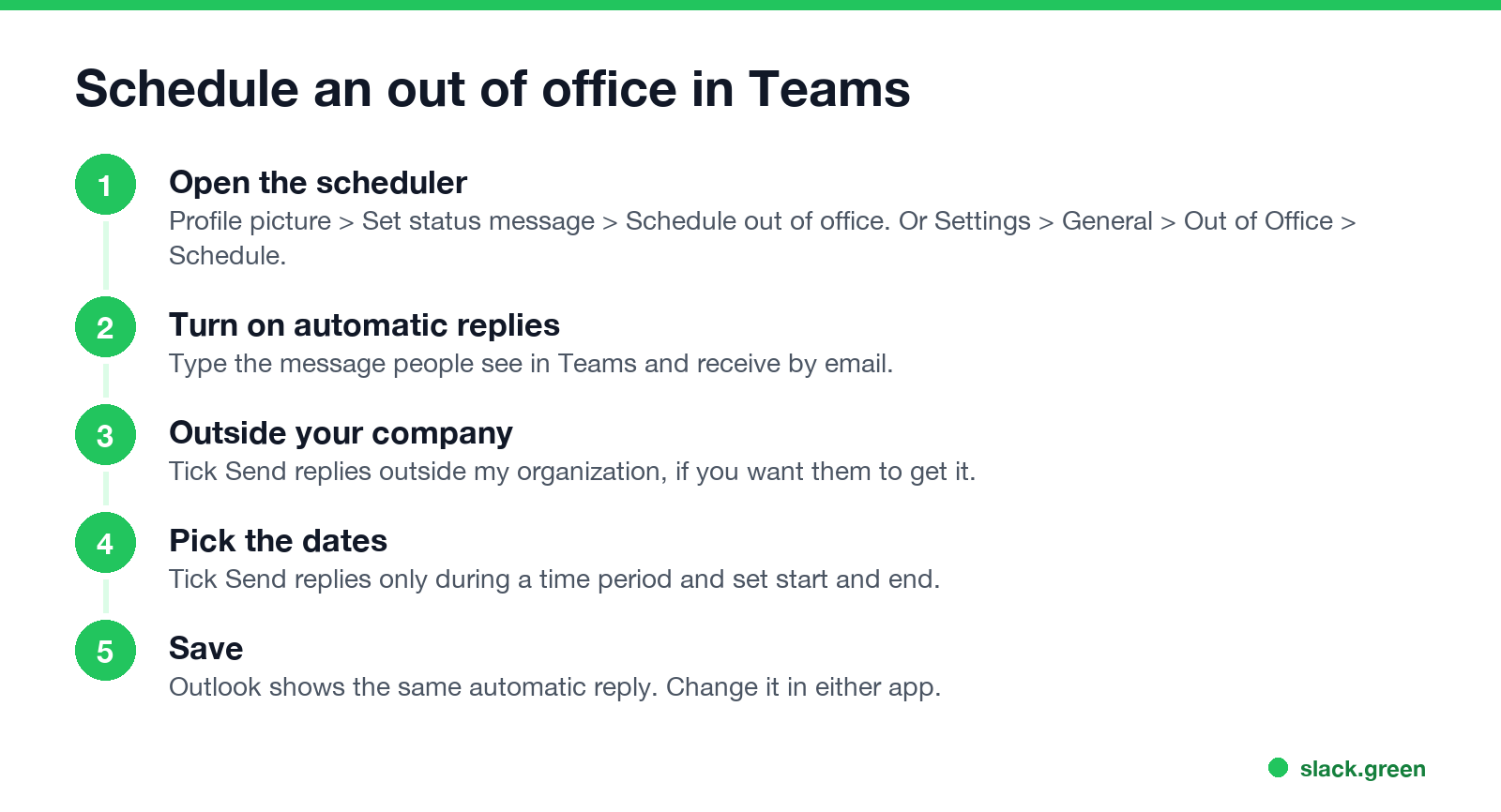 Schedule an out of office in Teams: open the scheduler, automatic replies, outside your company, dates, save