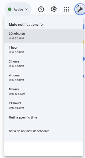 Google Chat's Do not disturb durations, each with its end time, plus Until a specific time and a schedule