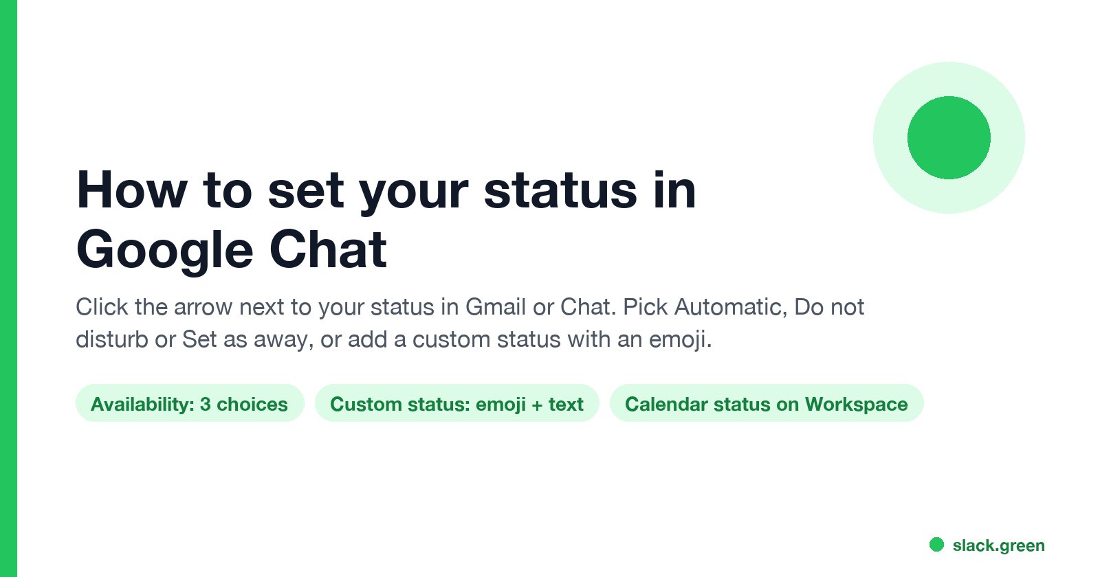 How to set your status in Google Chat: three availability choices, a custom status with emoji and text, and calendar status on Workspace