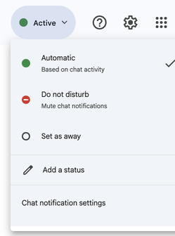 Google Chat's status menu: Automatic, Do not disturb, Set as away, Add a status