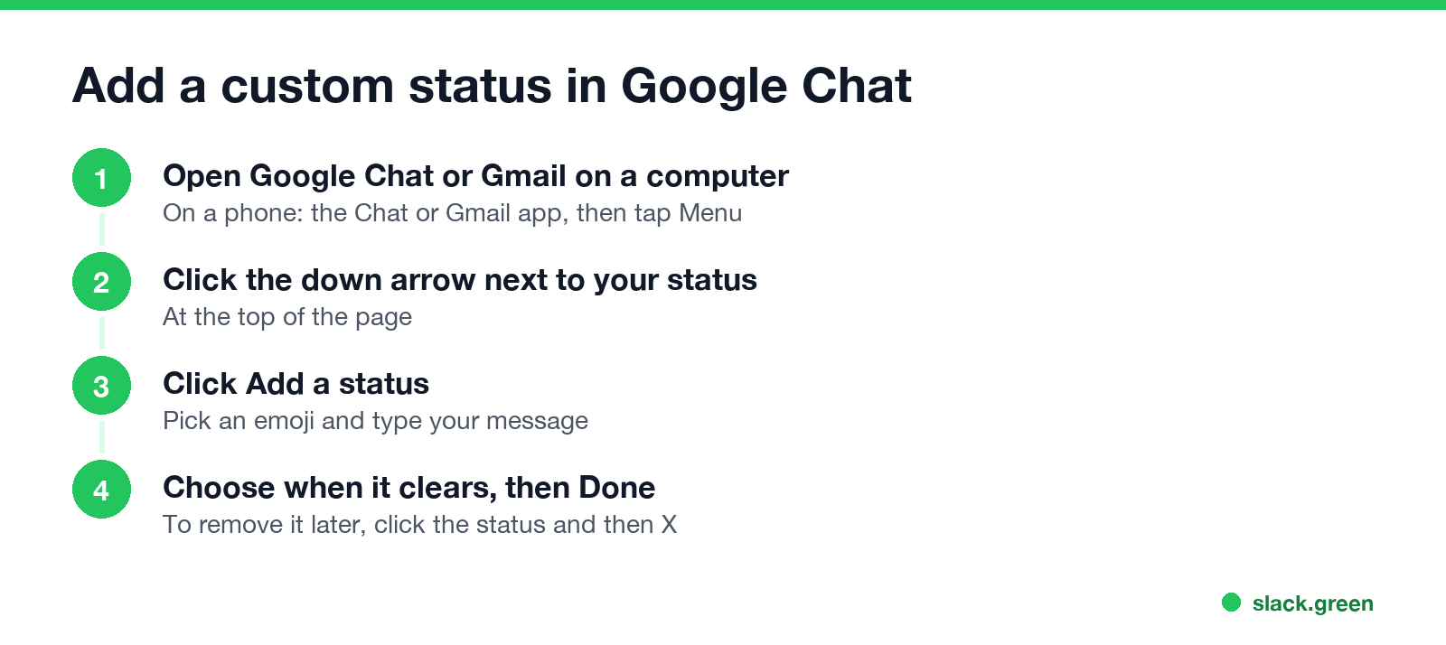 Add a custom status in Google Chat: open Chat or Gmail, click the arrow next to your status, Add a status, choose when it clears, Done