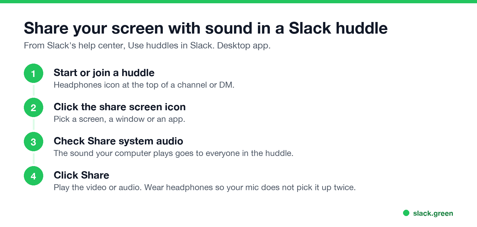 Share your screen with sound in a Slack huddle: start a huddle, share screen icon, Share system audio, Share