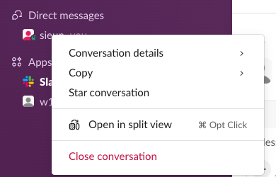 Right-click menu on a direct message in the Slack sidebar with Conversation details, Copy, Star conversation, Open in split view and Close conversation