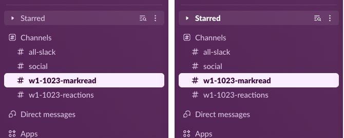 Two crops of the Slack sidebar. Left: Starred collapsed, in normal weight, with Channels below. Right: the same collapsed Starred after a new message arrived in a starred channel, now in bold, still with no channels showing