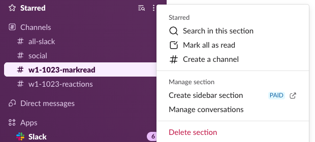 The Starred section menu in Slack: Search in this section, Mark all as read and Create a channel, then under Manage section the items Create sidebar section with a PAID tag, Manage conversations, and Delete section in red