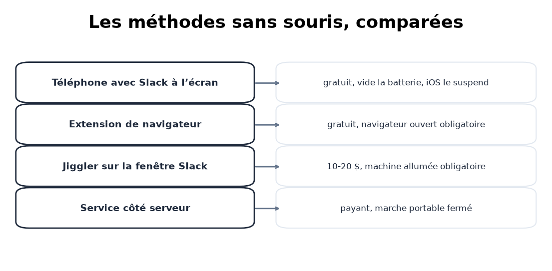 Quatre options sans souris, avec le coût et la limite de chacune