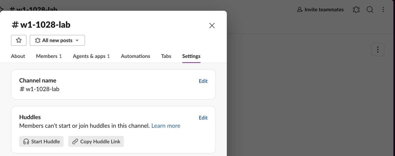 The channel Settings tab after saving: Huddles says members can't start or join huddles in this channel, the Huddle button is gone from the dialog, and the channel header no longer shows a headphones icon