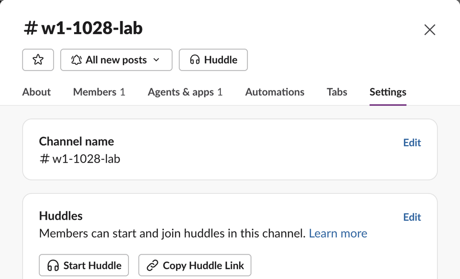 The channel details dialog on the Settings tab, with a Huddle button at the top and a Huddles box saying members can start and join huddles in this channel, with Start Huddle, Copy Huddle Link and an Edit link