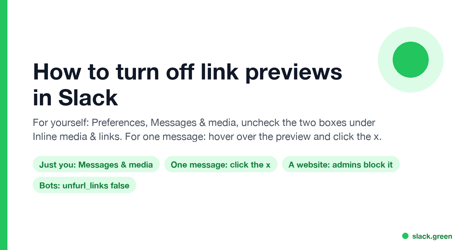 How to turn off link previews in Slack: Preferences, Messages and media for you; click the x for one message; admins block a website; bots set unfurl_links false