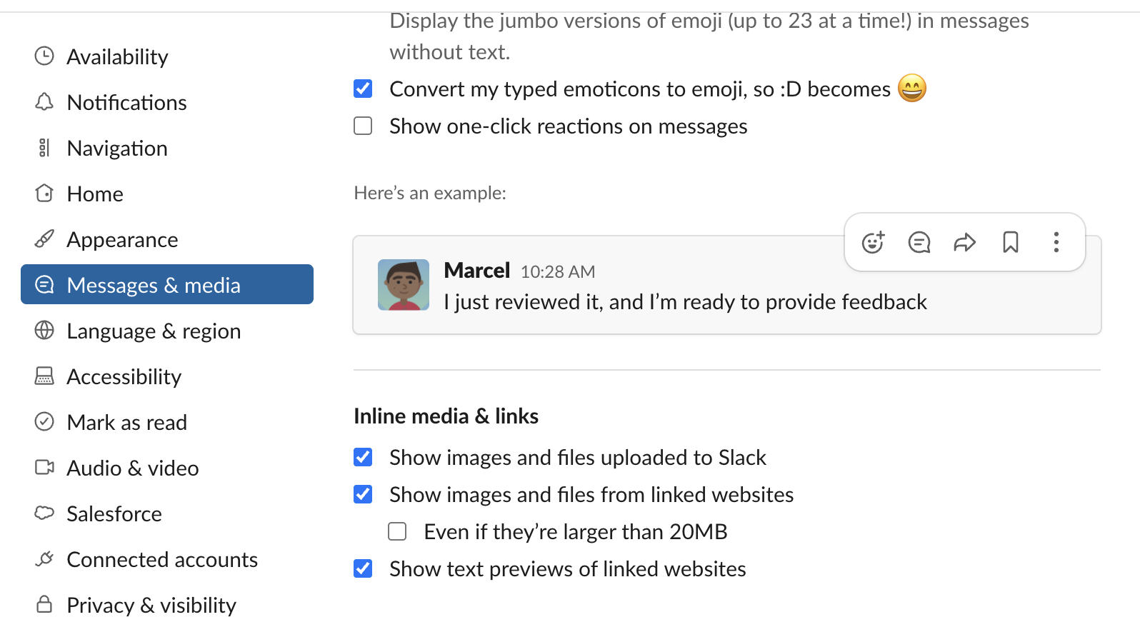 Slack Preferences, Messages and media, Inline media and links section with four checkboxes, three of them ticked by default