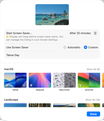 macOS Tahoe 26.5.2, System Settings, Wallpaper, Screen Saver: the Start Screen Saver menu set to After 20 minutes, with the note that the display will sleep first
