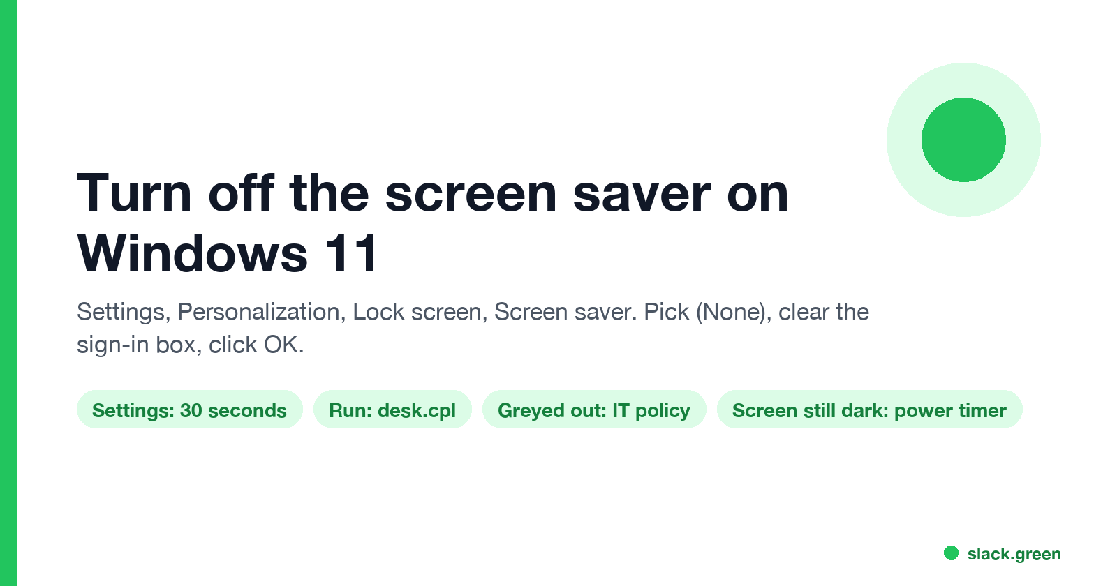 How to turn off the screen saver on Windows 11: Settings, Personalization, Lock screen, Screen saver, (None)