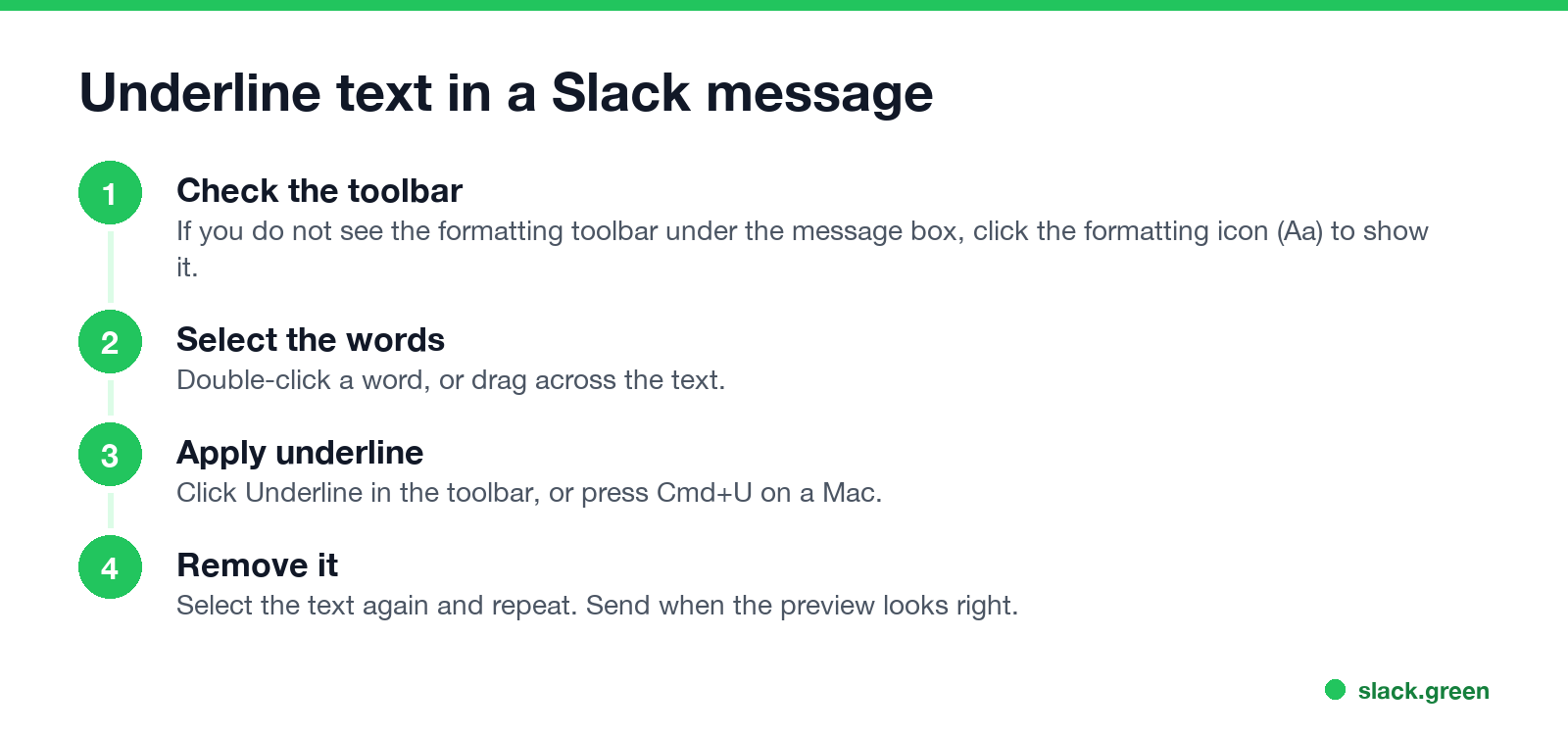 Underline text in a Slack message: show the toolbar, select the words, apply underline, remove it