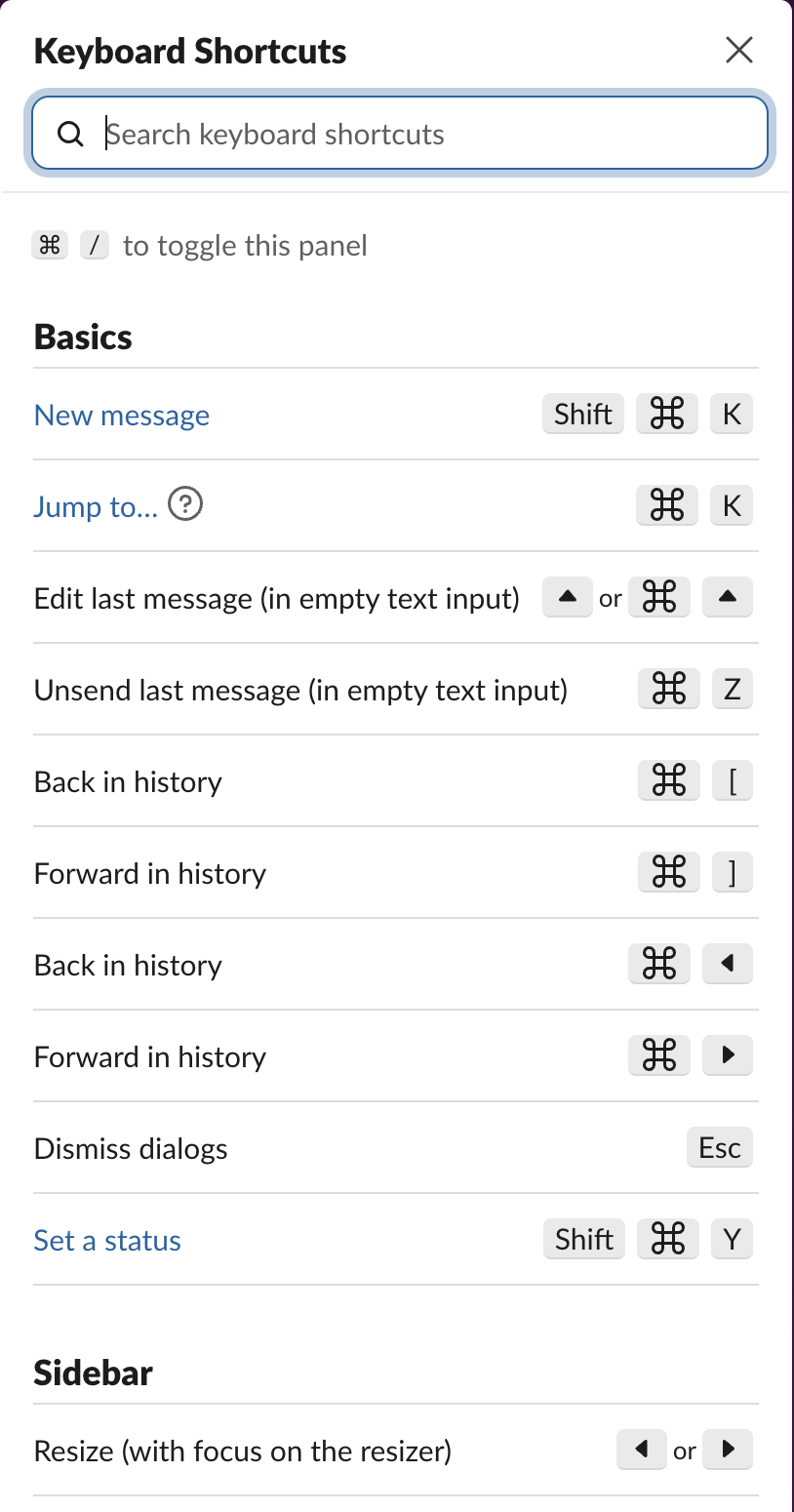 Slack Keyboard Shortcuts panel. Under Basics it lists Edit last message in empty text input with the up arrow or Command up, and Unsend last message in empty text input with Command Z
