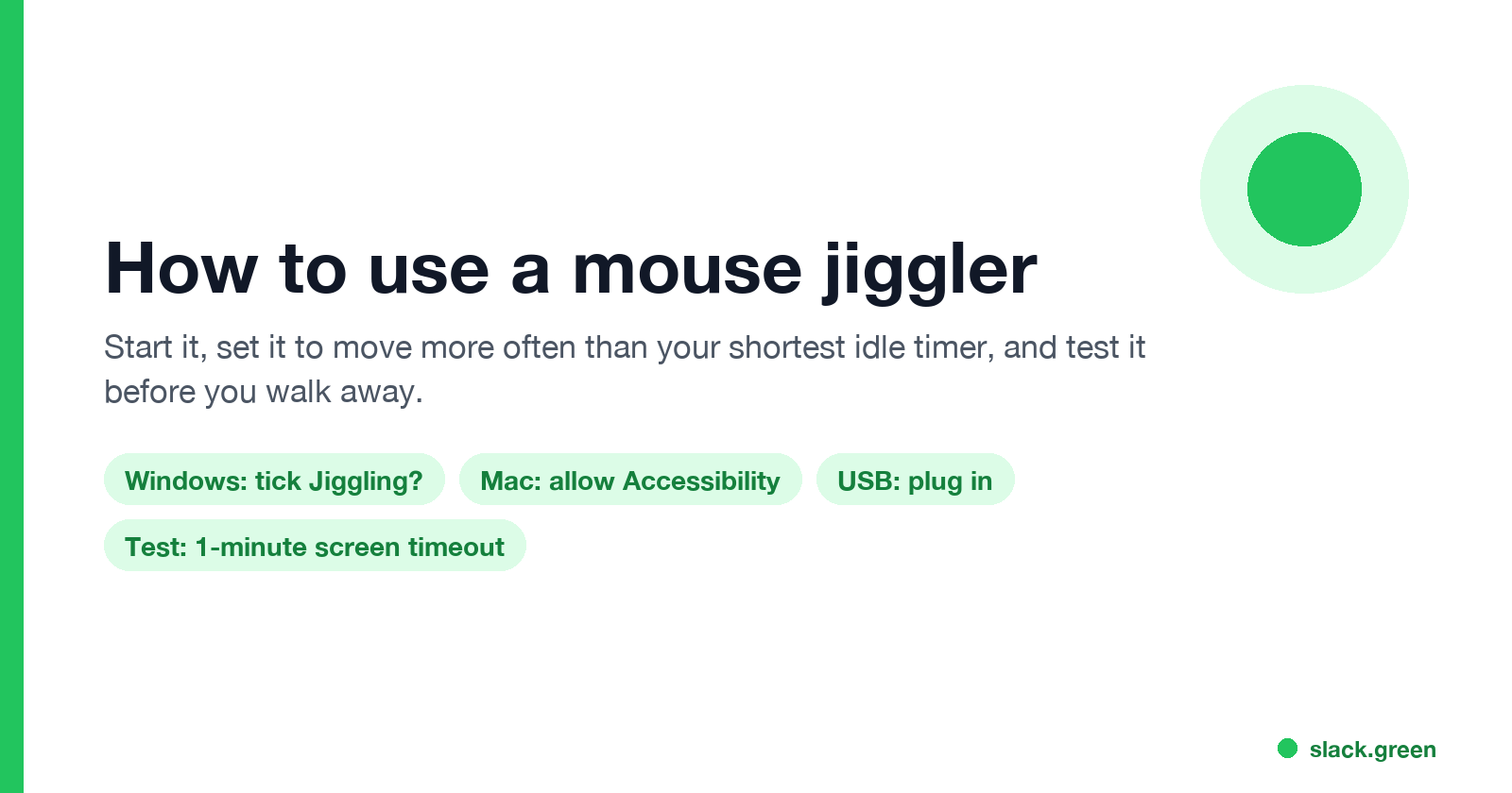 How to use a mouse jiggler: start the app or plug in the USB stick, set the interval, test with a 1-minute screen timeout