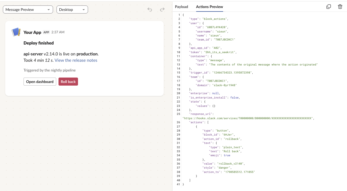 Block Kit Builder Actions Preview after clicking Roll back: block_actions payload with action_id rollback and value rollback_v2140