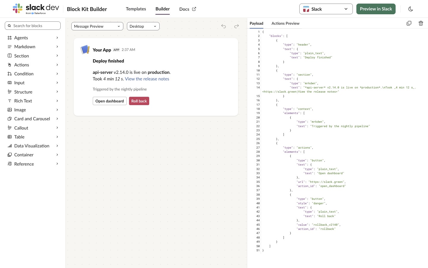 Slack Block Kit Builder with a deploy message: header, section, context and two buttons, with the JSON payload on the right