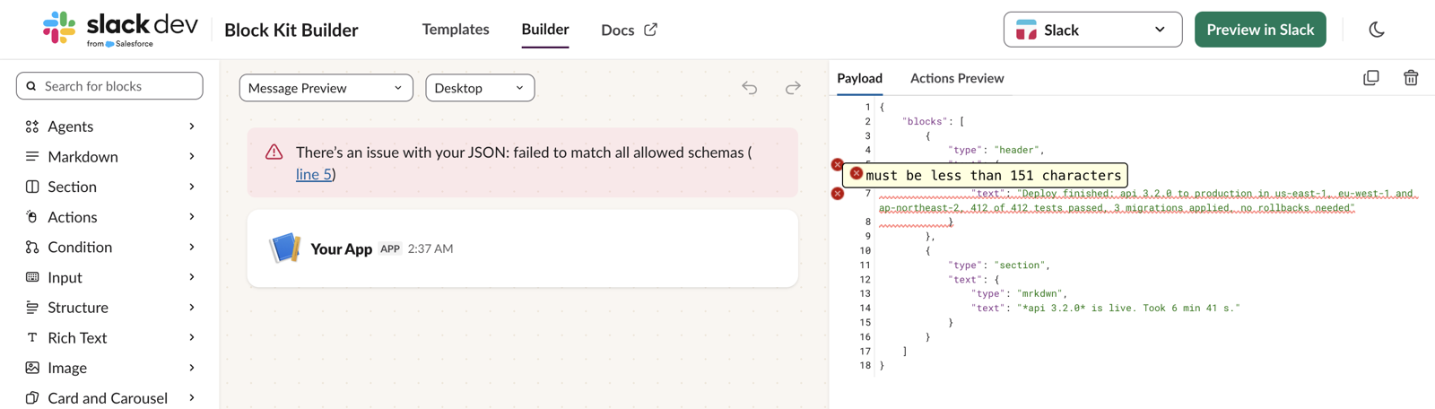 Block Kit Builder with a 151-character header: the banner says failed to match all allowed schemas, the hover on line 7 says must be less than 151 characters