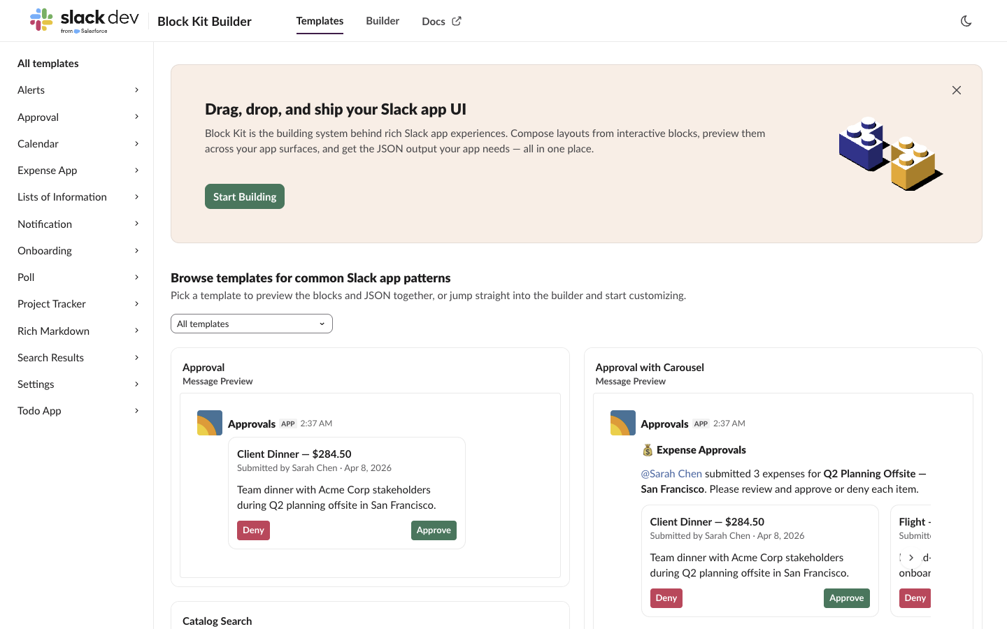 Block Kit Builder Templates tab: categories on the left and message previews such as Approval