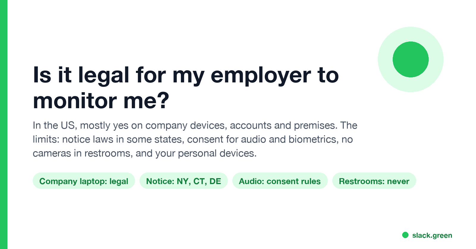Is it legal for my employer to monitor me: company laptop legal, notice in NY, CT and DE, audio consent rules, never in restrooms
