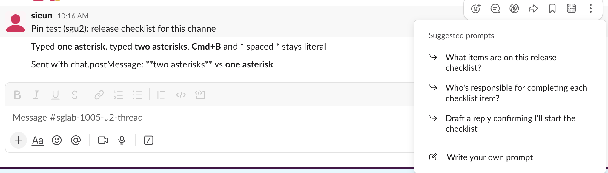 Free-plan Slack message with the Ask Slackbot menu open, showing three suggested prompts about the message and Write your own prompt