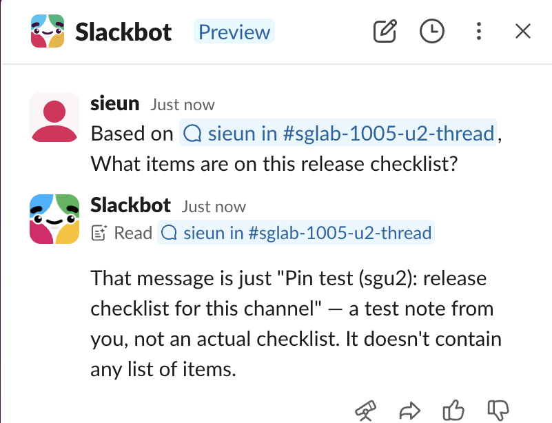 Slackbot panel marked Preview answering a question about a channel message on the Free plan, with a Read link to the message