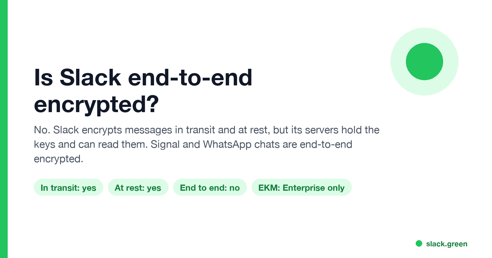 Is Slack end-to-end encrypted: encrypted in transit and at rest, not end to end, EKM on Enterprise only