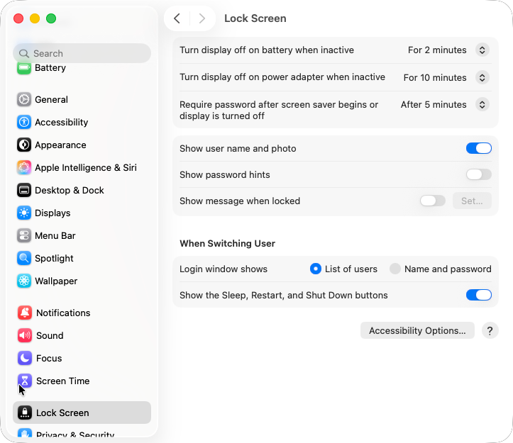 macOS Tahoe 26.5.2 Lock Screen settings: display off on battery after 2 minutes, on power after 10 minutes, password after 5 minutes
