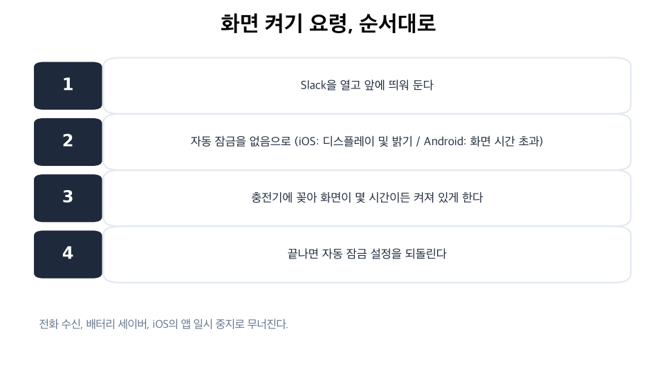 4단계: Slack 전면, 자동 잠금 없음, 충전, 나중에 되돌리기