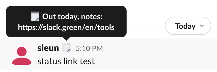Hovering over the status emoji next to a name in Slack shows a tooltip 