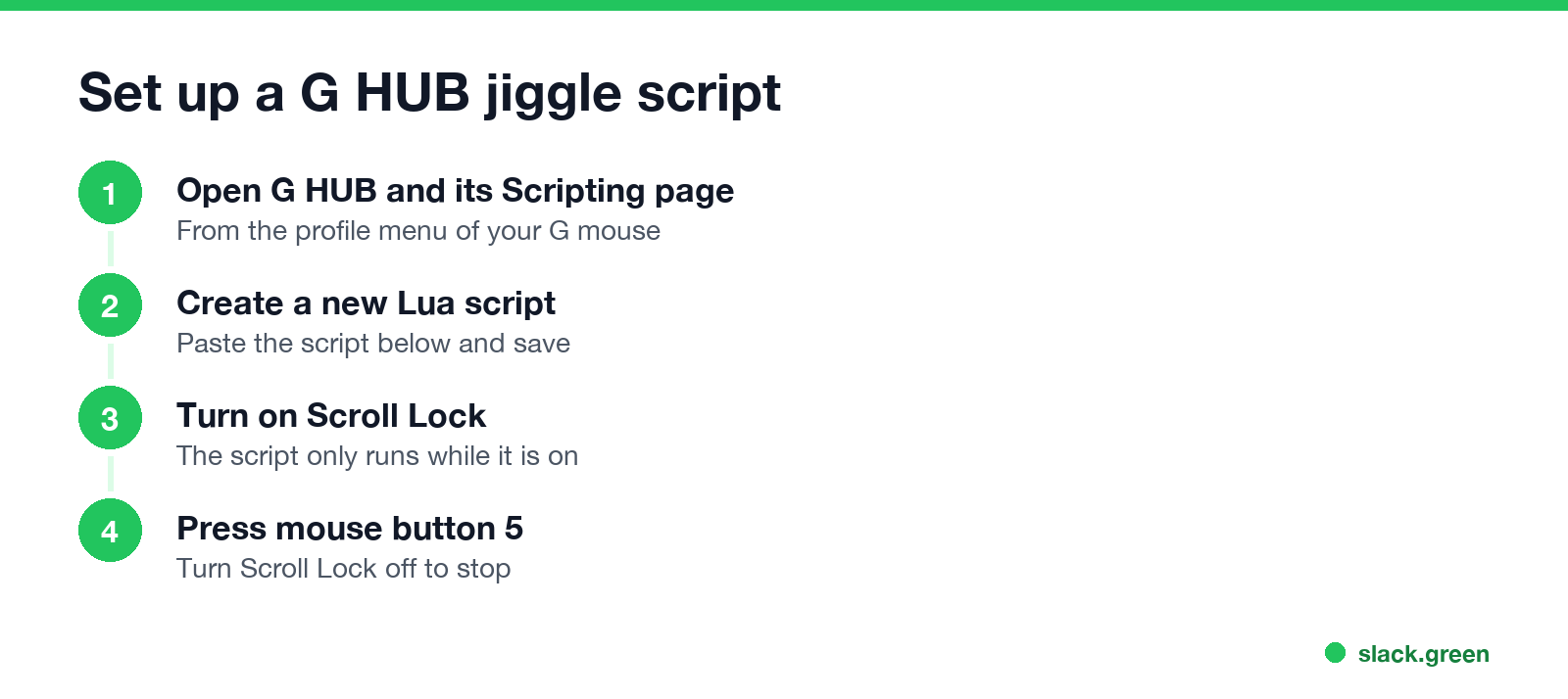Set up a G HUB jiggle script: open Scripting, create a Lua script, turn on Scroll Lock, press mouse button 5