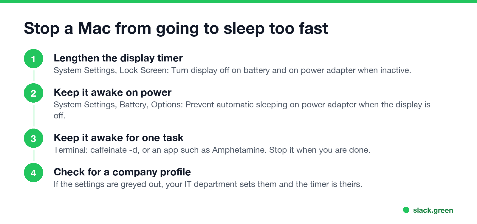 Stop a Mac from going to sleep too fast: lengthen the display timer, keep it awake on power, keep it awake for one task, check for a company profile