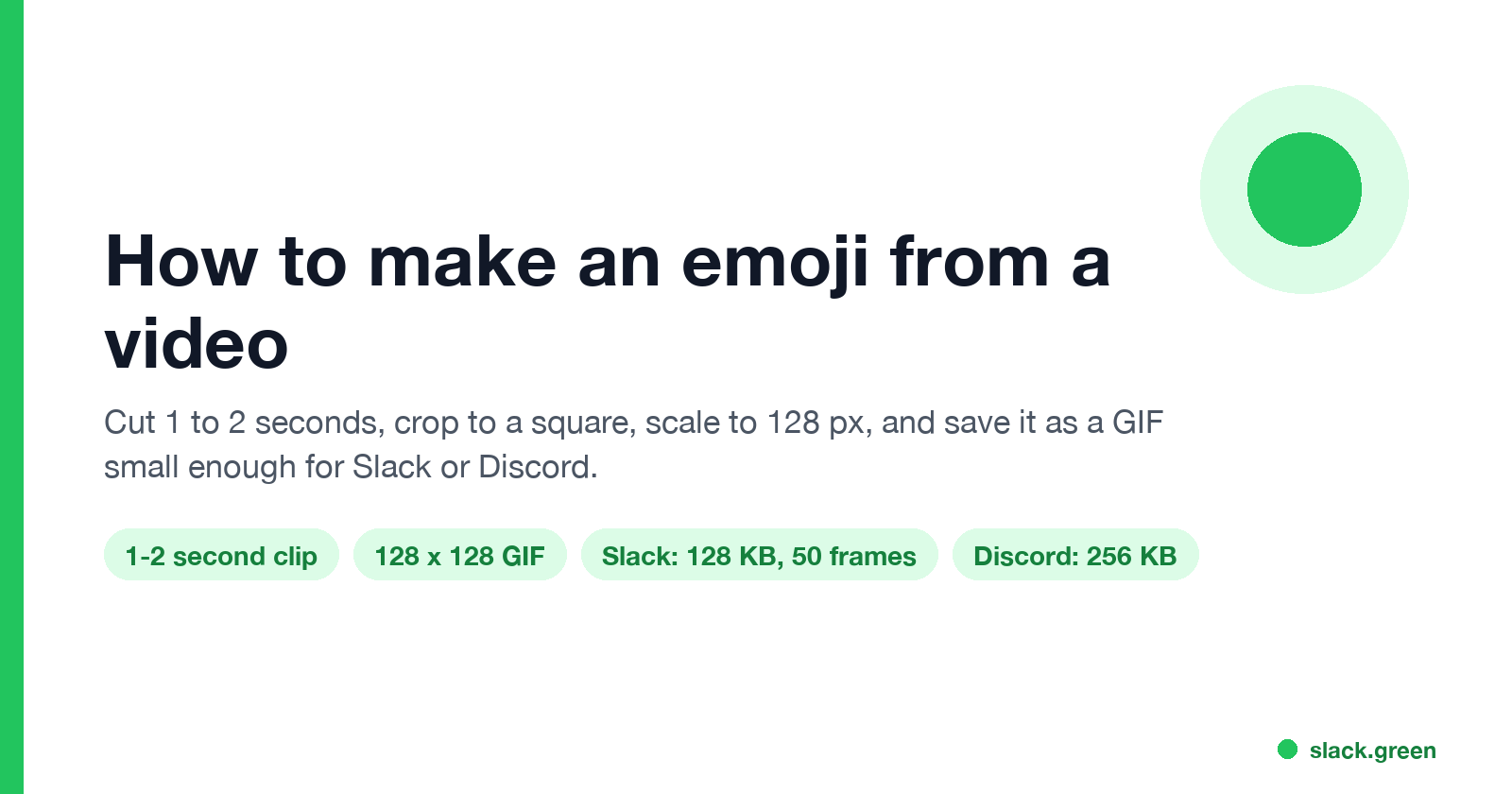 How to make an emoji from a video: 1-2 second clip, 128 x 128 GIF, Slack 128 KB and 50 frames, Discord 256 KB