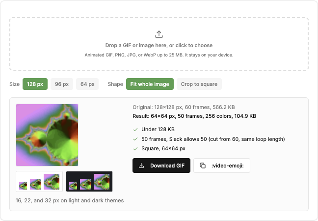 Our emoji resizer on the 30 fps GIF: 566.2 KB and 60 frames in, 104.9 KB and 50 frames out, animation kept