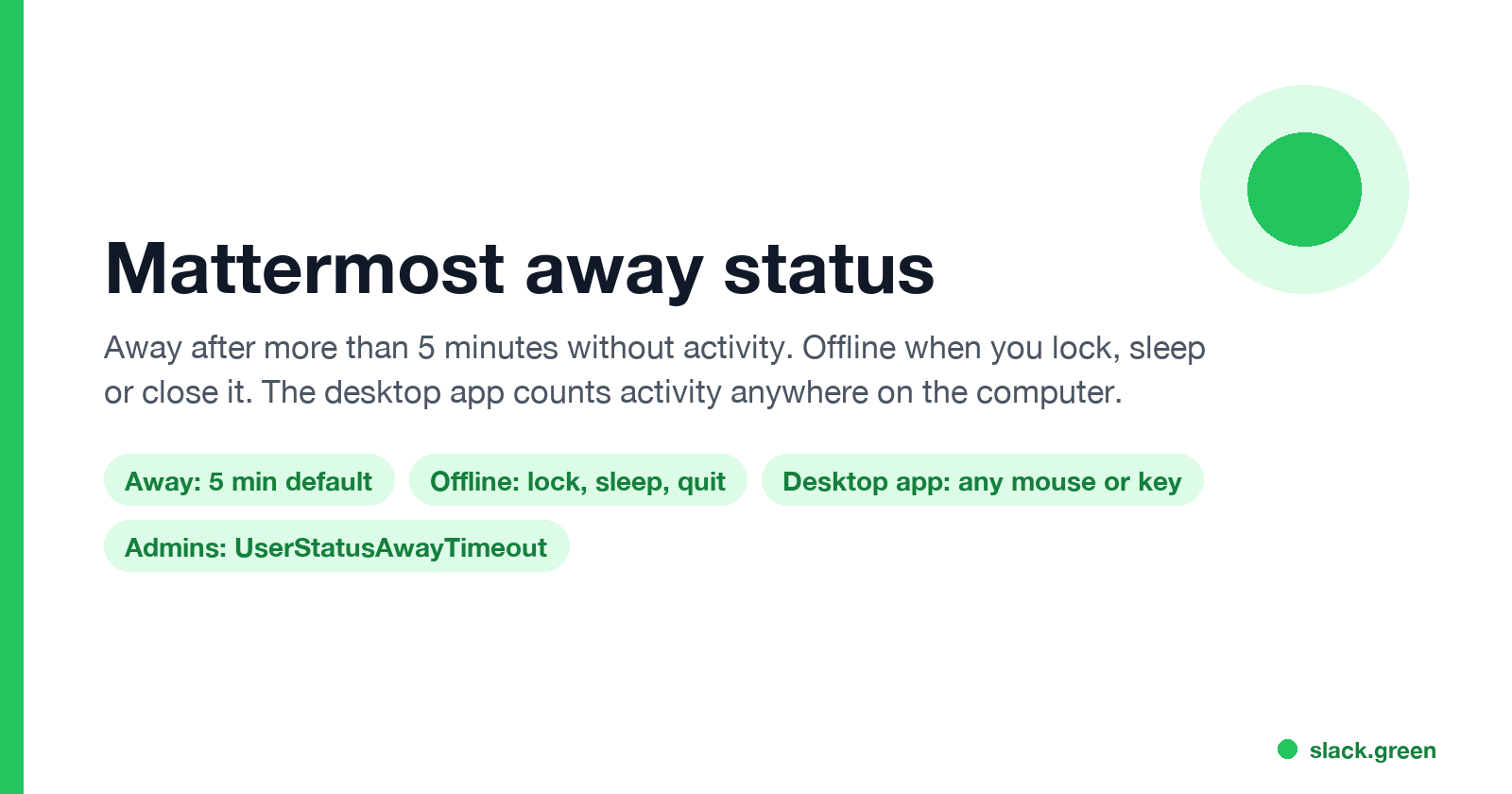 Mattermost away status: Away after 5 minutes without activity, Offline when you lock, sleep or close it, desktop app counts activity anywhere