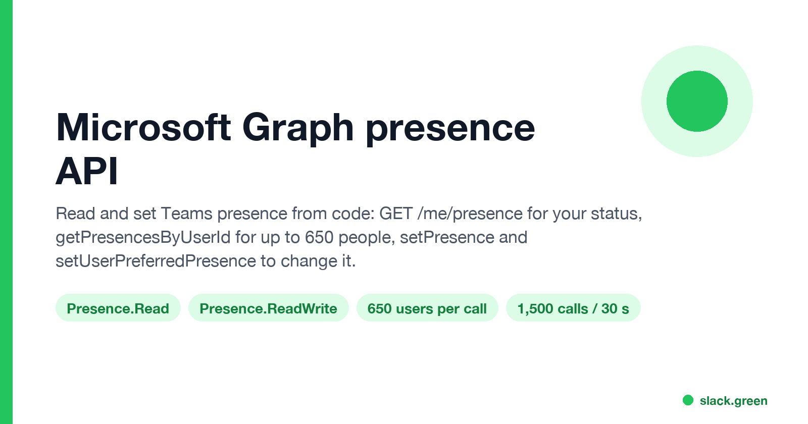 Microsoft Graph presence API: GET /me/presence, getPresencesByUserId for up to 650 users, setPresence and setUserPreferredPresence