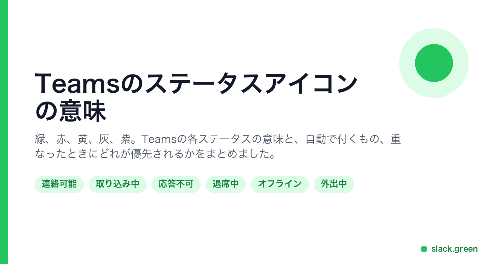 Microsoft Teamsのステータスアイコンの意味:連絡可能、取り込み中、応答不可、退席中、オフライン、外出中
