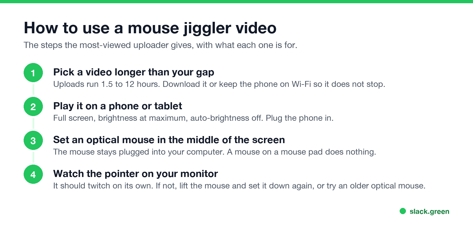 How to use a mouse jiggler video: pick a long video, play it on a phone, set the mouse on the screen, check the pointer