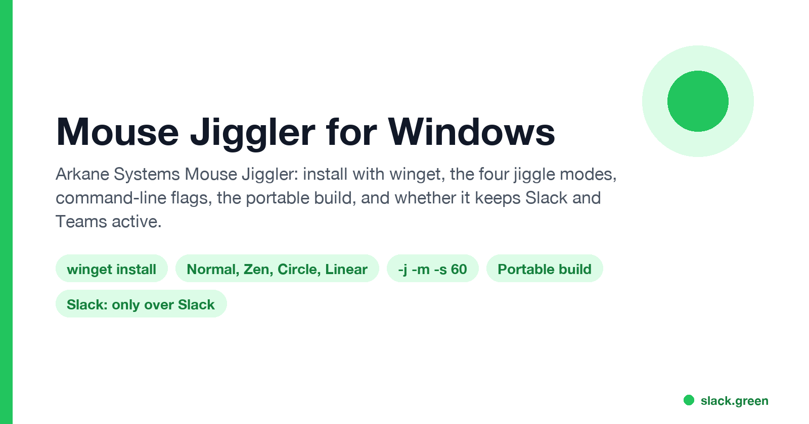 Mouse Jiggler for Windows: winget install, Normal Zen Circle Linear, command-line flags, portable build, Slack only over Slack