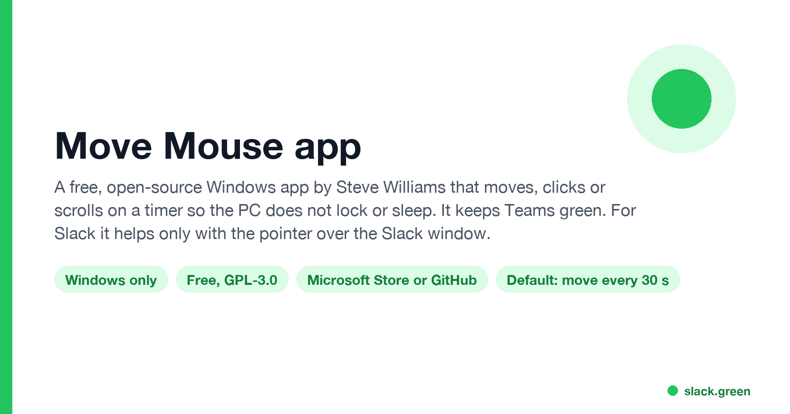 Move Mouse app: free, open-source Windows app, moves the pointer every 30 seconds, keeps Teams green, helps Slack only with the pointer over Slack