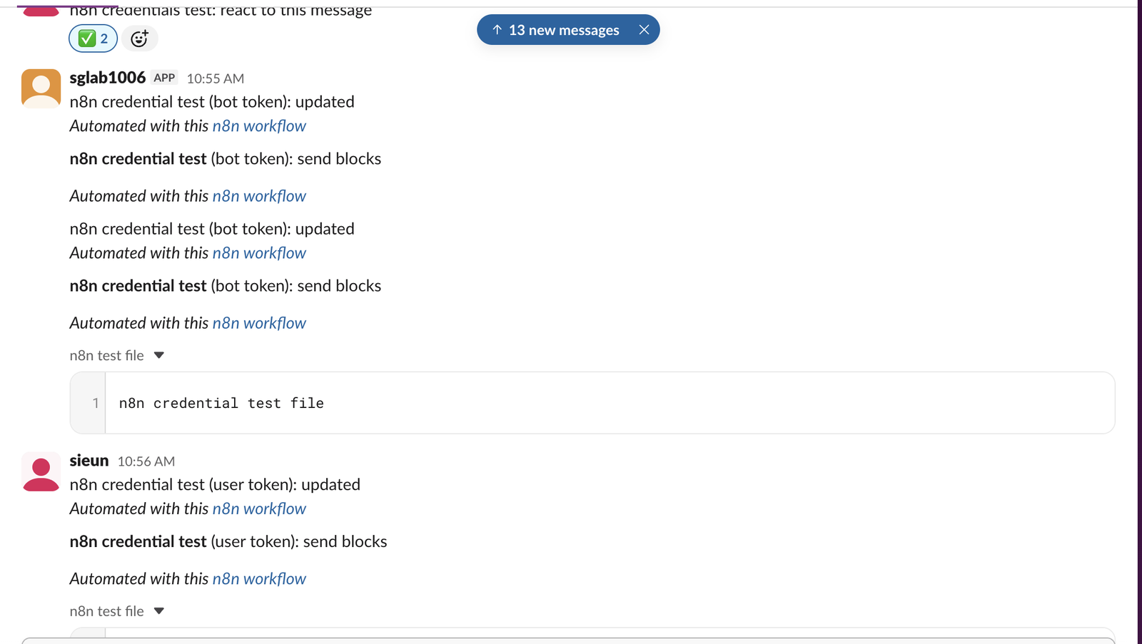 Slack channel with n8n test messages: from sglab1006 with the APP label for the bot token, then from sieun for the user token, each followed by the line Automated with this n8n workflow, and a text file uploaded by n8n